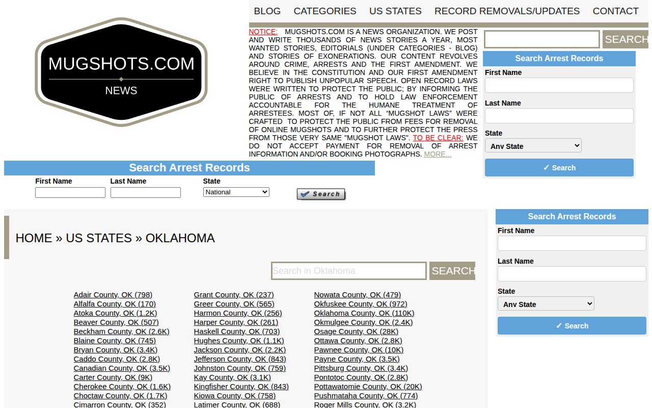 Beaver County crime-news record context from the Mugshots.com Oklahoma index
